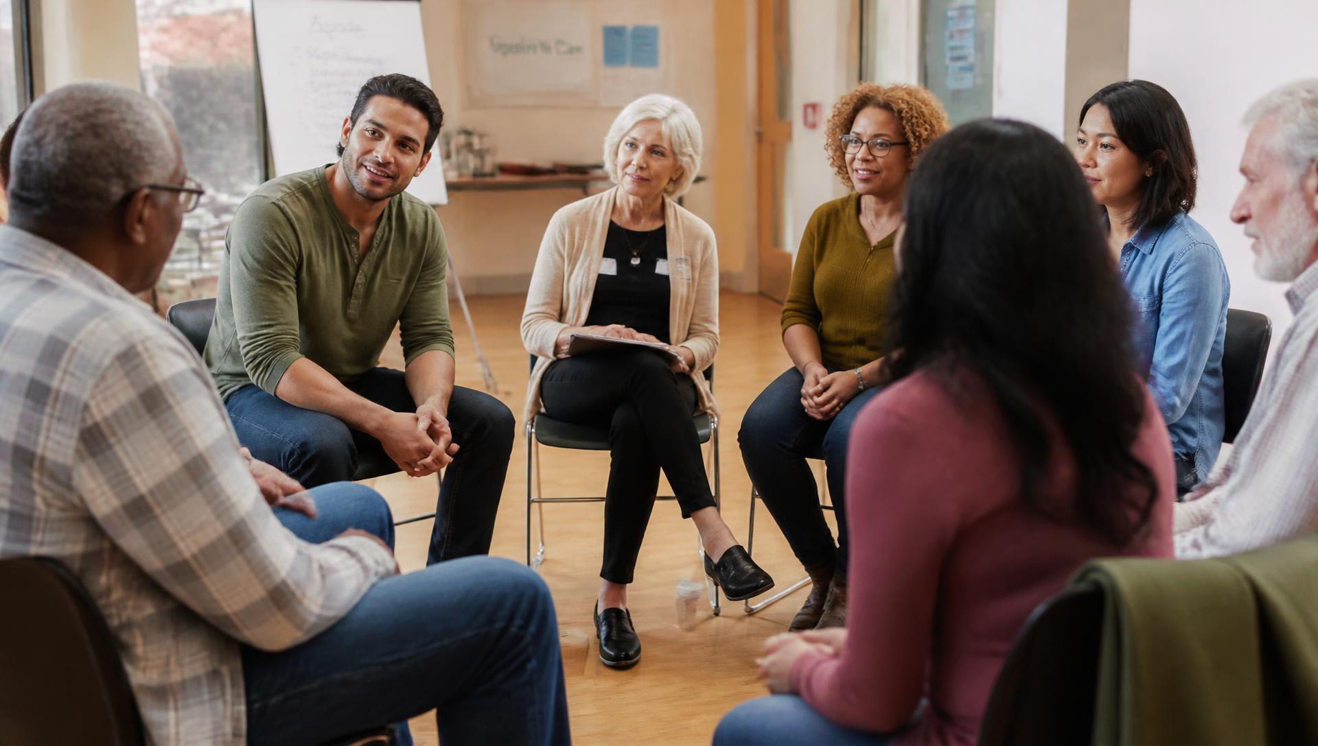 Community members meeting in a supportive circle